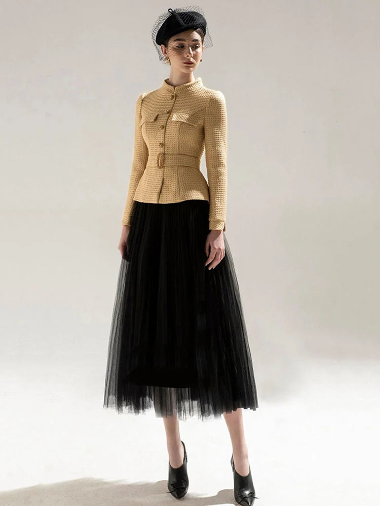 Belted Single Breasted Tweed Stand Collar Coat Gauze Pleated Mid Skirt Set