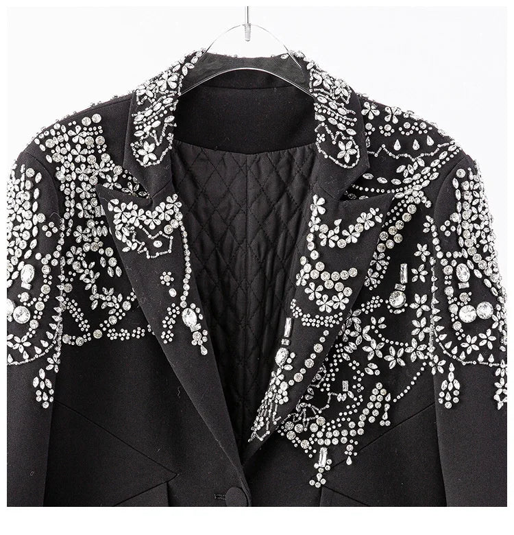 Irregular Rhinestone Single Button Feather Spliced Sleeve Blazer