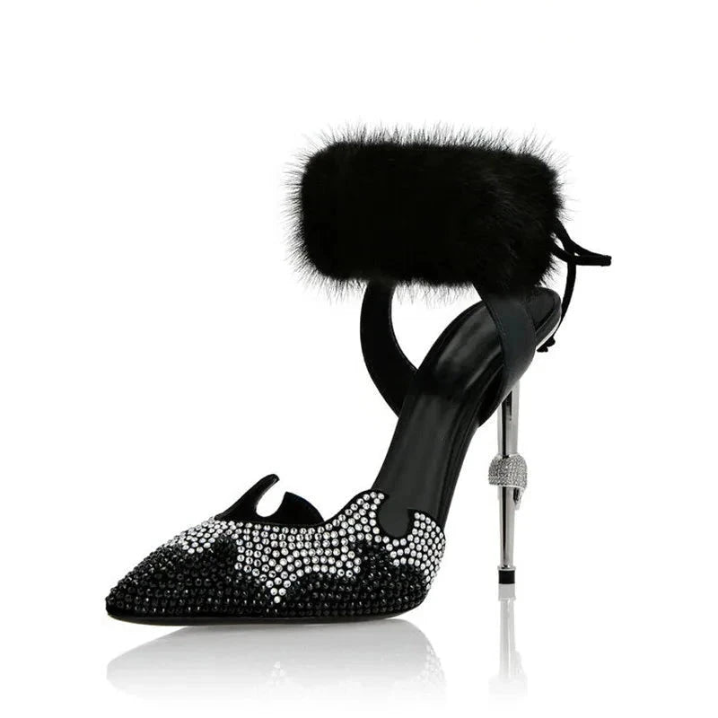 Crystal Fur Pointed Toe Ankle Strap High Heels Shoes