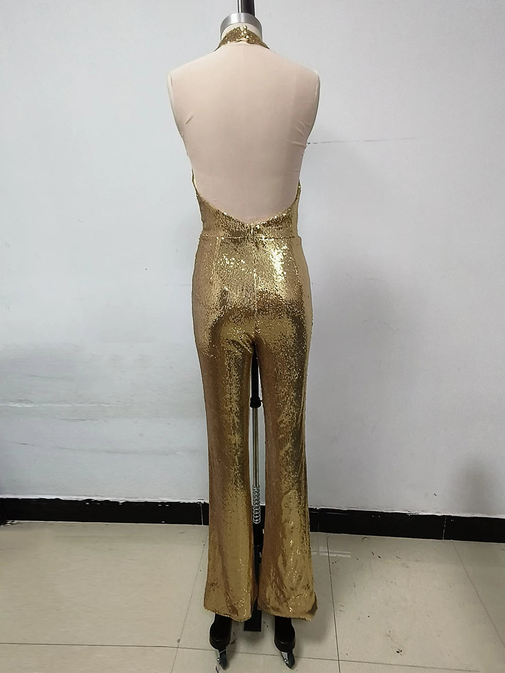 Golden Sequins Sleeveless Backless Tight Full Length Jumpsuit