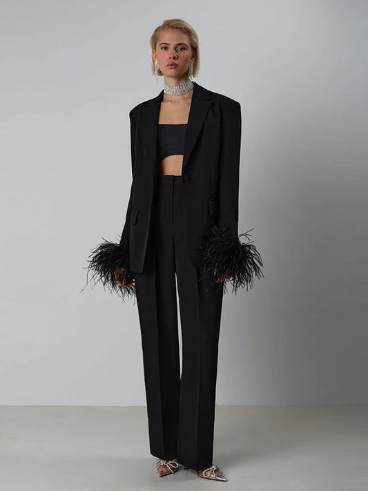 Feather Long Sleeve Blazer High Waist Trouser Set