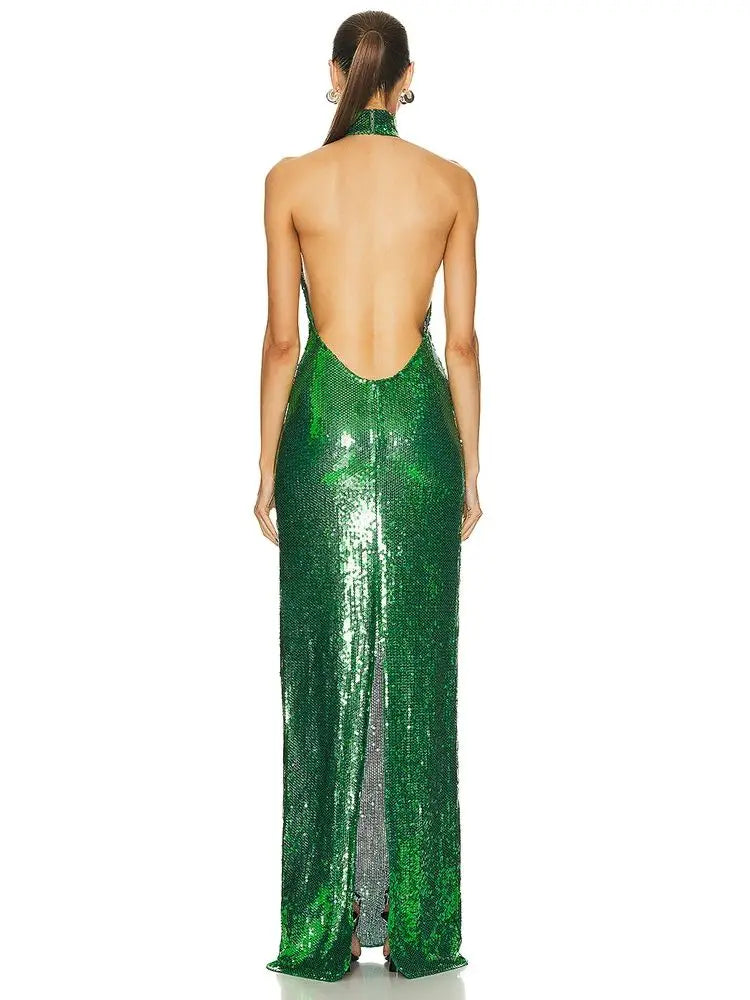 O-Neck Sequins Sleeveless Backless Tight Maxi Dress