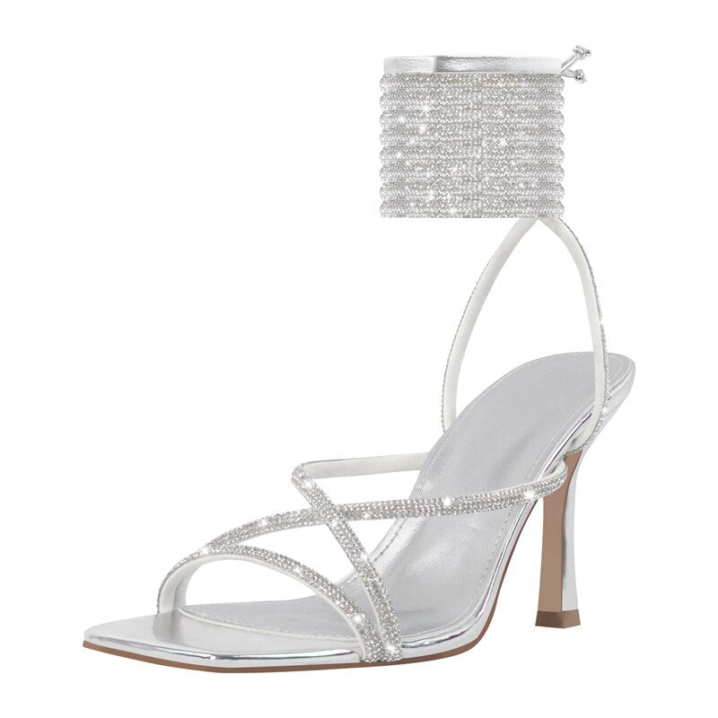 Shiny Crystal Lace Up Strap Square Thin Heels Sandals