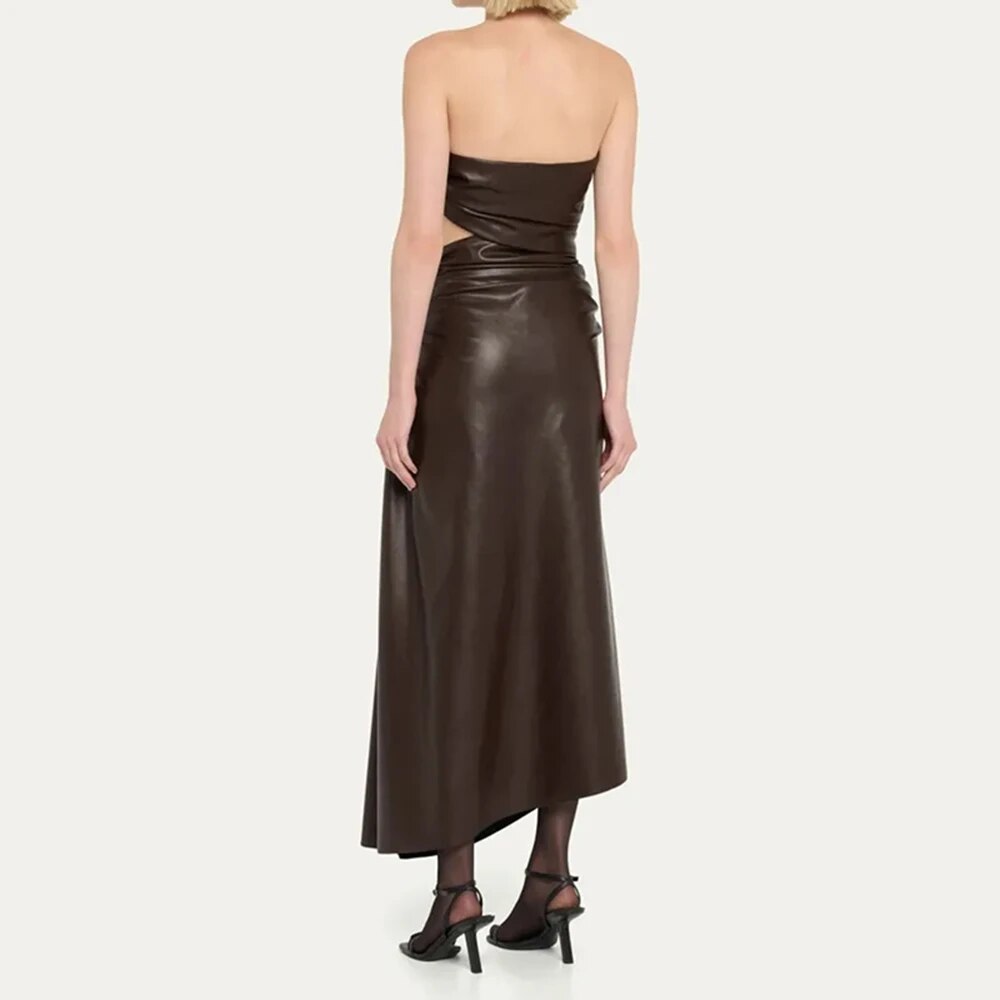 Pleated Hollow PU Leather Strapless Open Back Mid Dress