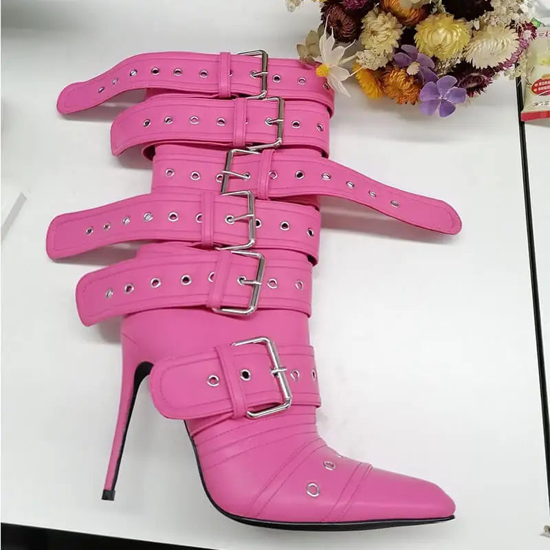 Multiple Buckle Strap Thin High Heel Zipper Side Pointed Toe Mid Boots