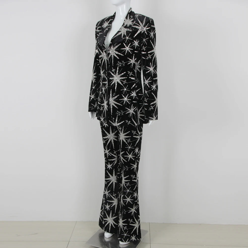 Sequin Print Turn-down Collar Single Button Blazer & Wide Leg Trouser Set