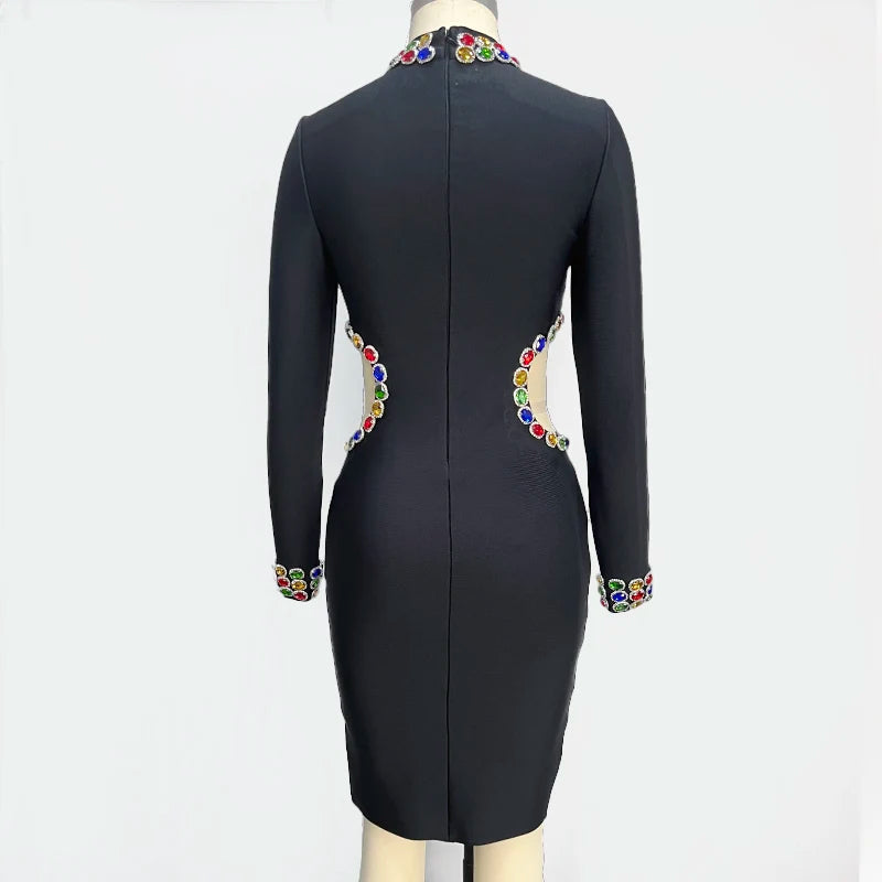 Long Sleeve Colourful Crystal Waist Hollow Out Mini Bandage Dress