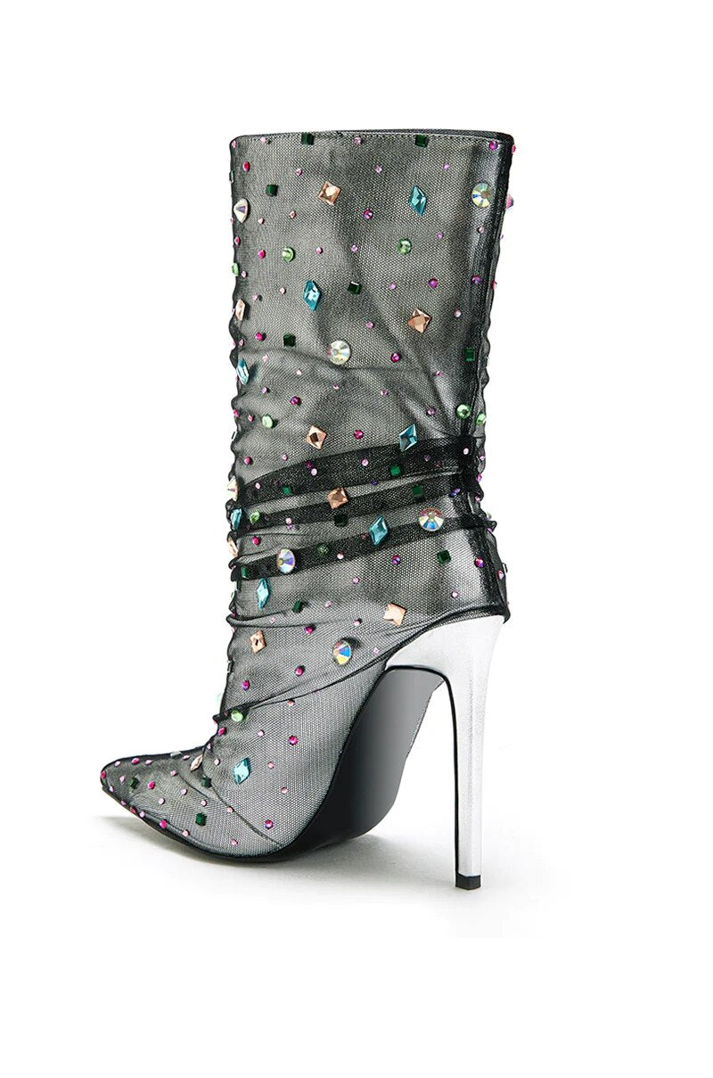 Diamonds Crystal Mesh Pointed Toe High Heels Mid calf Boots