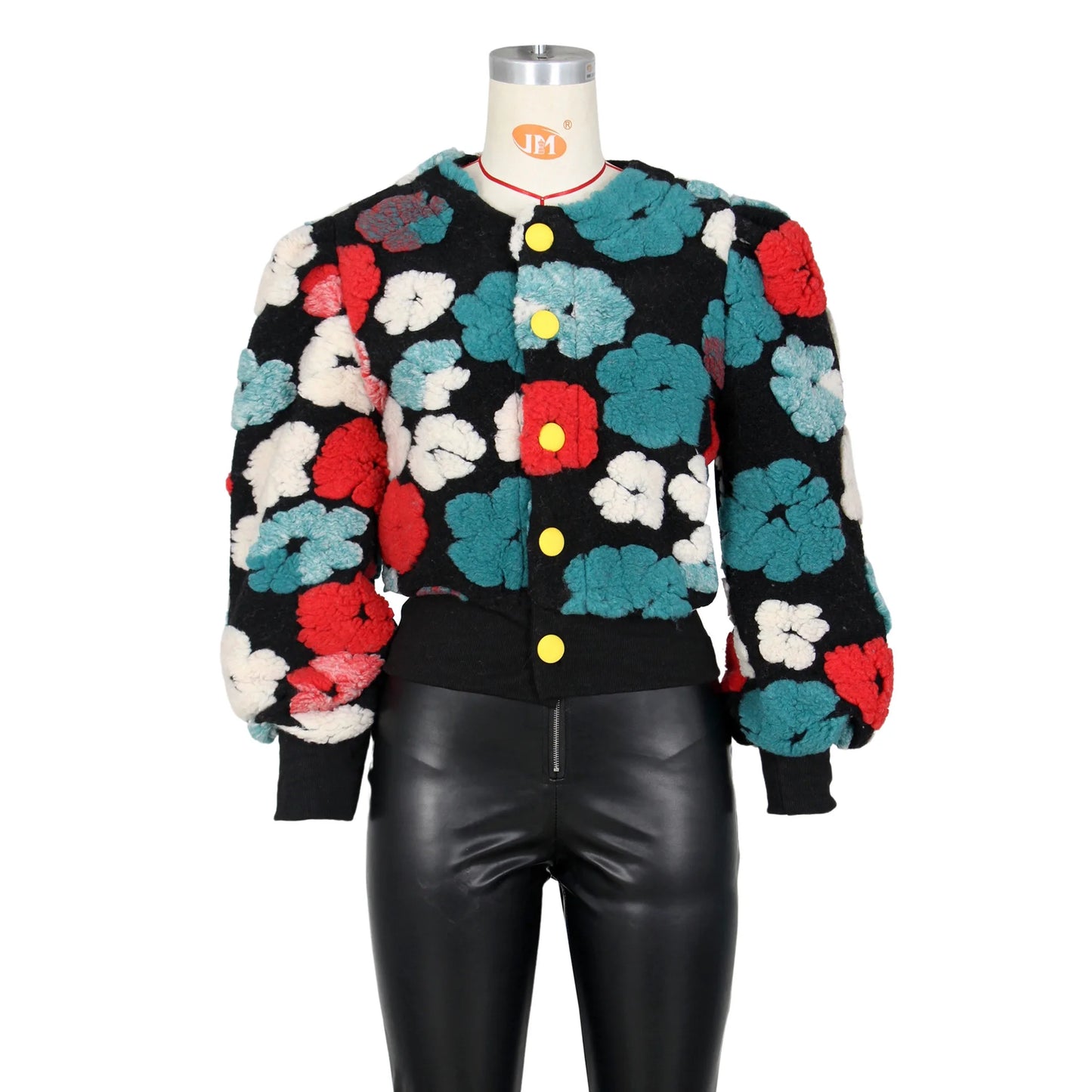 O Neck Loose Single Breasted Long Sleeve Retro 3D Flowers Short Jacket