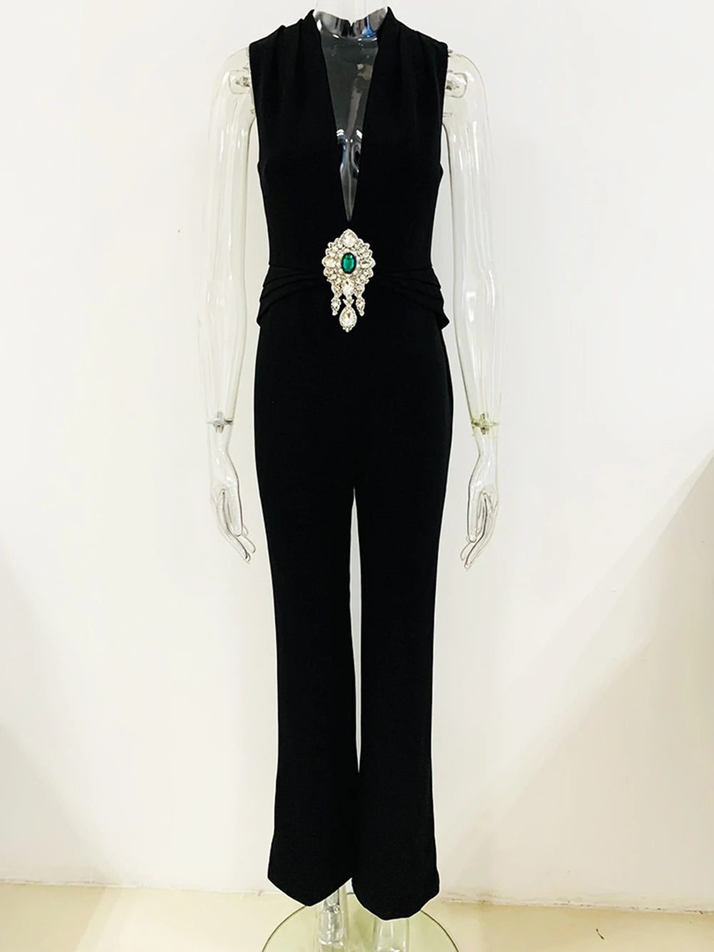 V Neck Sleeveless Diamond High Waist Slim Jumpsuits