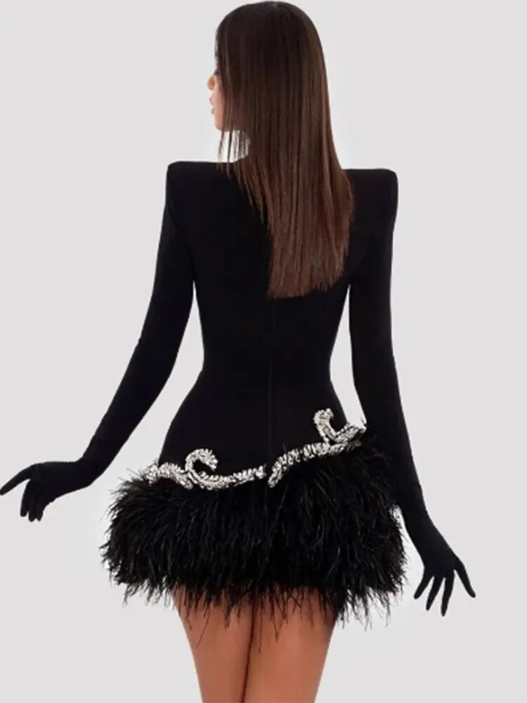 Turtleneck Long Sleeve Crystal Decor Velvet Feather Mini Dress