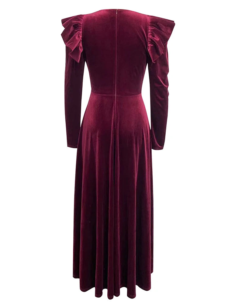 V Neck Ruffles Long Sleeve Velvet Button Slim A line Maxi Dress