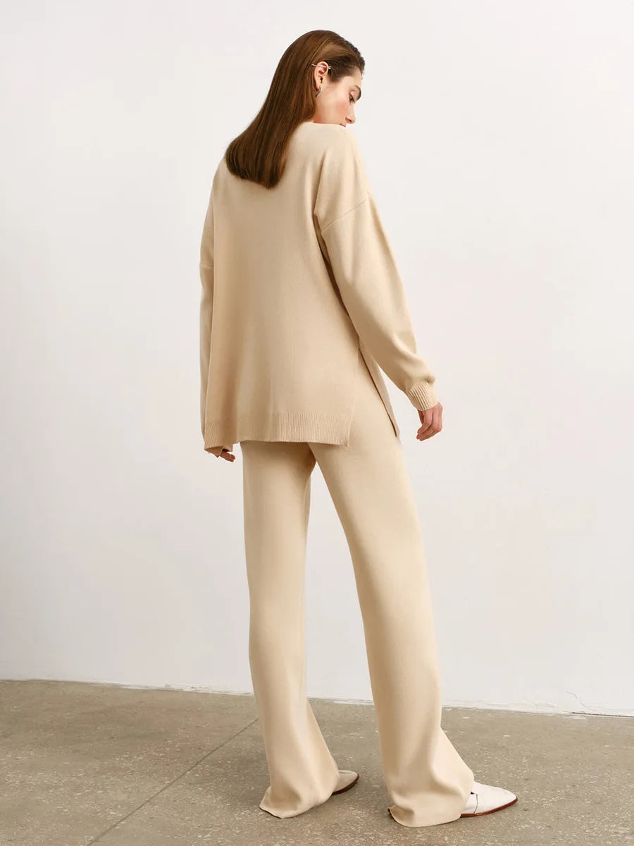 Turtleneck Loose Side Slit Pullover High Waist Straight Trouser Knitted Set