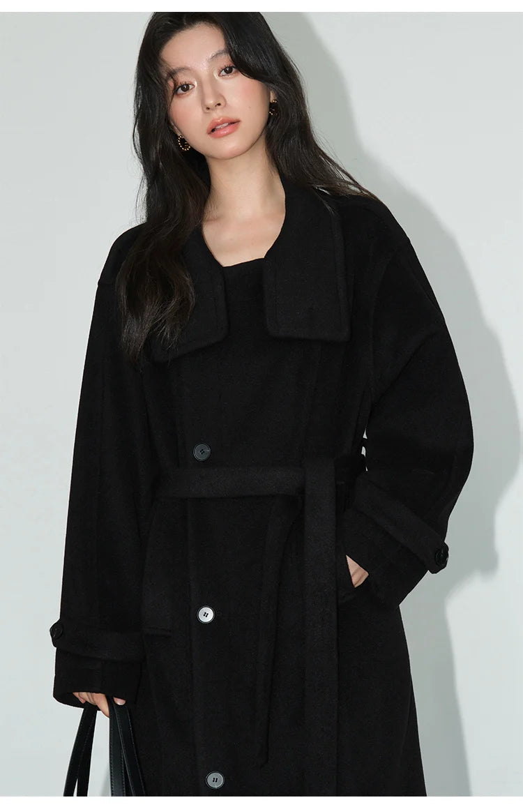 Turtleneck Loose Single Breasted Lined Sashes Blends Woollen Overcoat