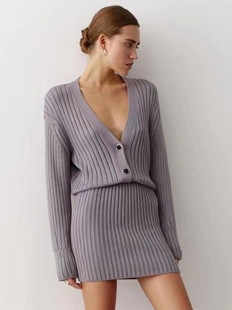 Knitted V-neck Long Sleeve Single Breasted Knitted Cardigan & Mini Skirt Set