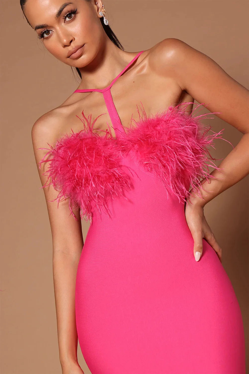 Strap Neck Feather Decor Open Back Tight Bandage Mini Dress