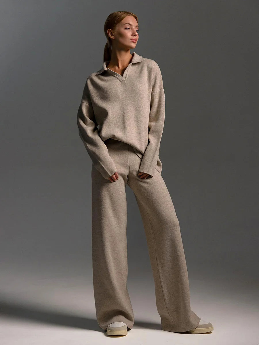 Loose Long Sleeves Pullover Elastic High Waist Trouser Knitted Set