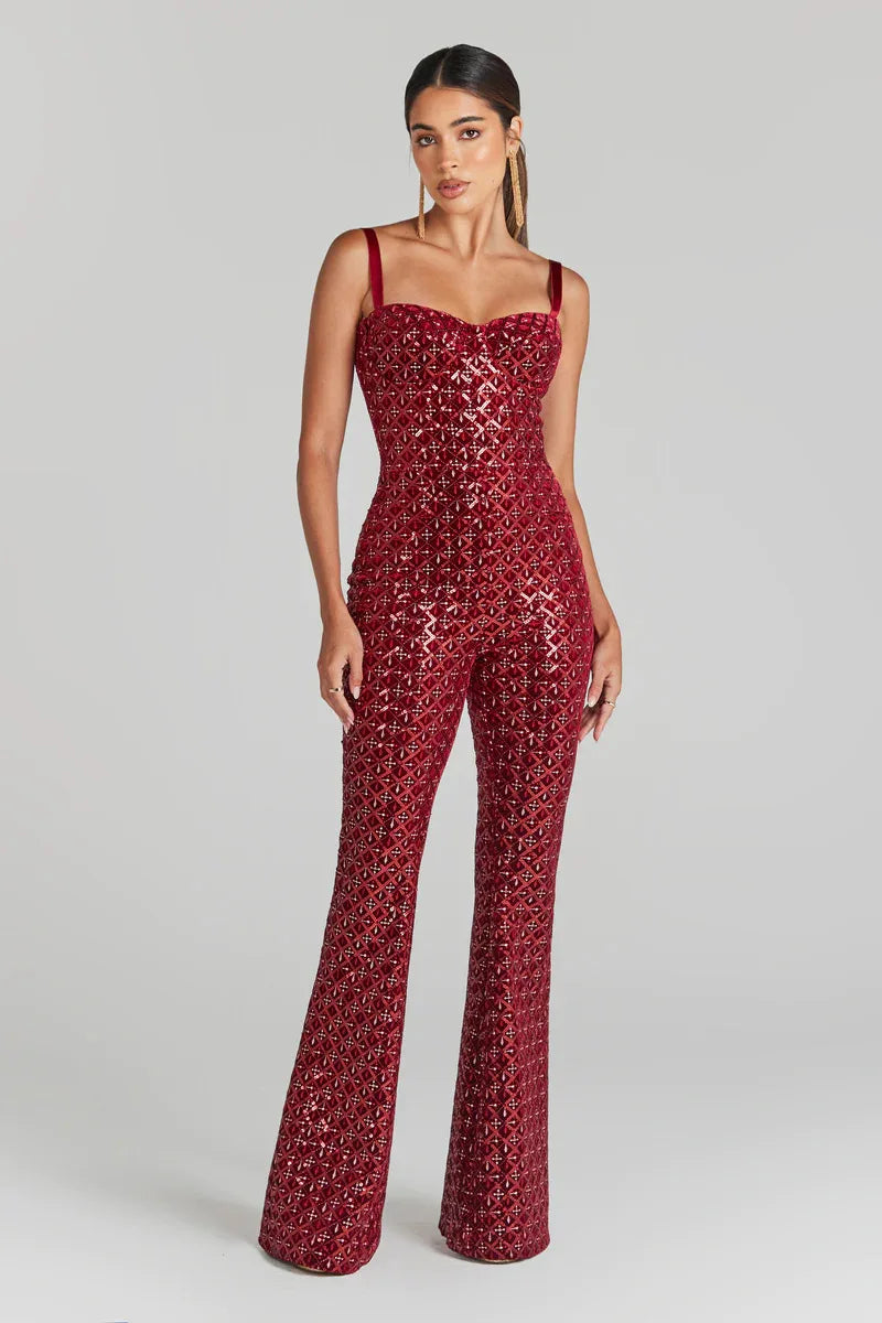 Sleeveless Sequins Spaghetti Strap Belted Wide Legs Jumpsuits