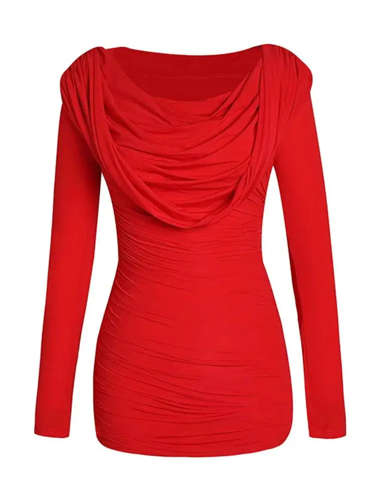 V-Neck Long Sleeve Draped Tight Hooded Mini Dress