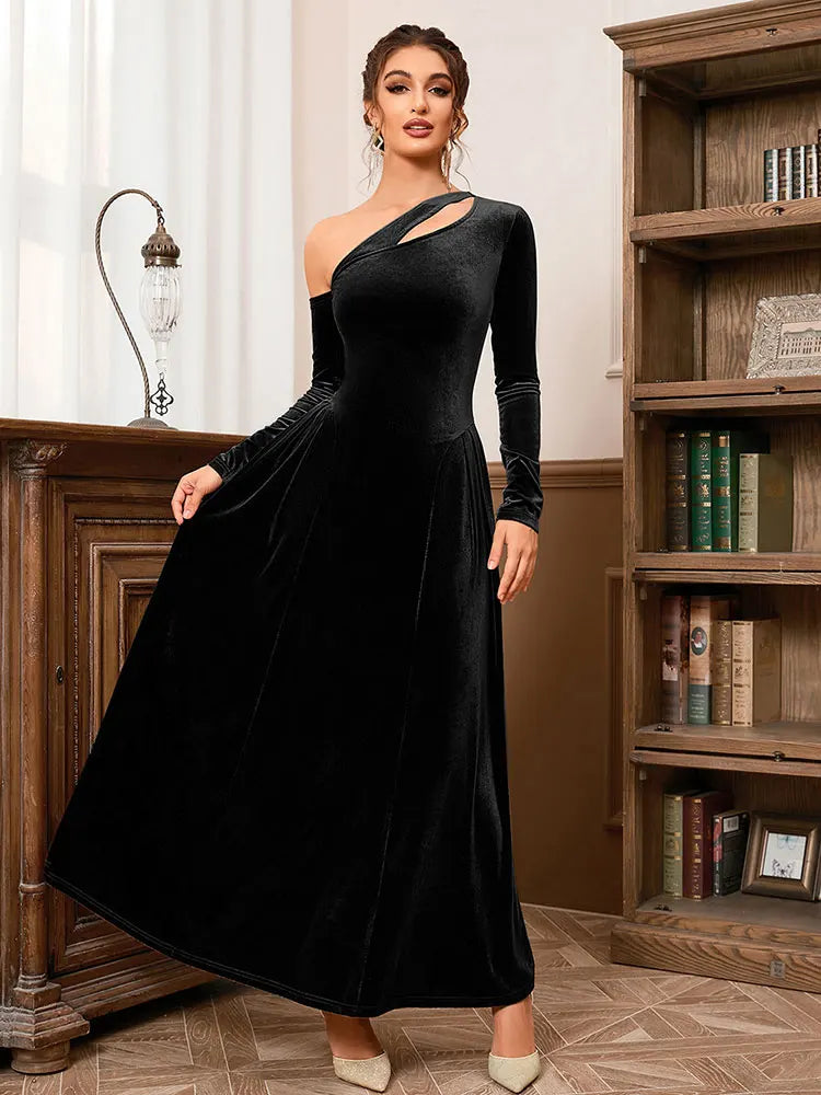 Velvet Slant Neck Long Sleeve Loose Hundred pleats Maxi Dress