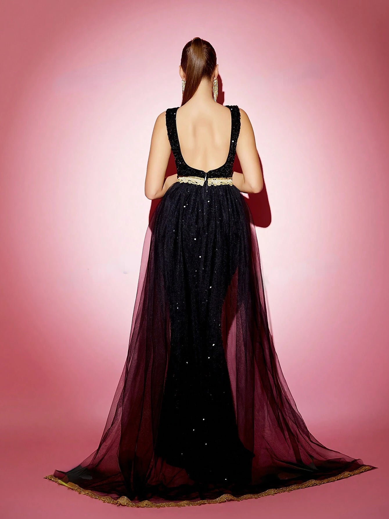 Backless Sequin Sleeves Decorated Mesh Evening Mermaid Maxi Dress