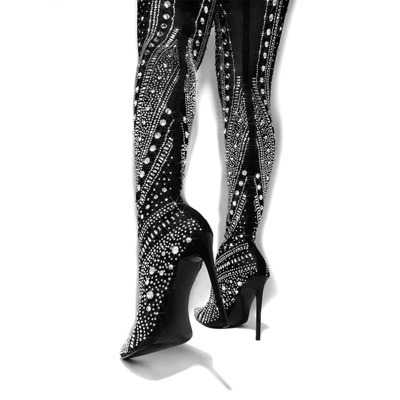 Crystal Embellished Stretch Thigh High Heel Over The Knee Boots