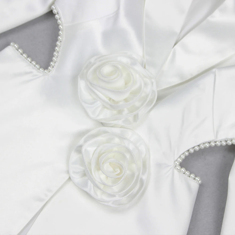 Beaded 3D Flower Decor Blazer Flower Pearl Slim Trouser Set