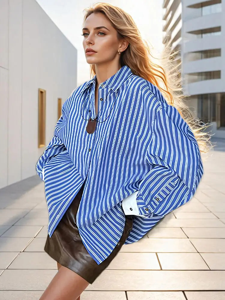 Stripe Lapel Colour Single Breasted Loose Casual Cotton Blouse Shirt