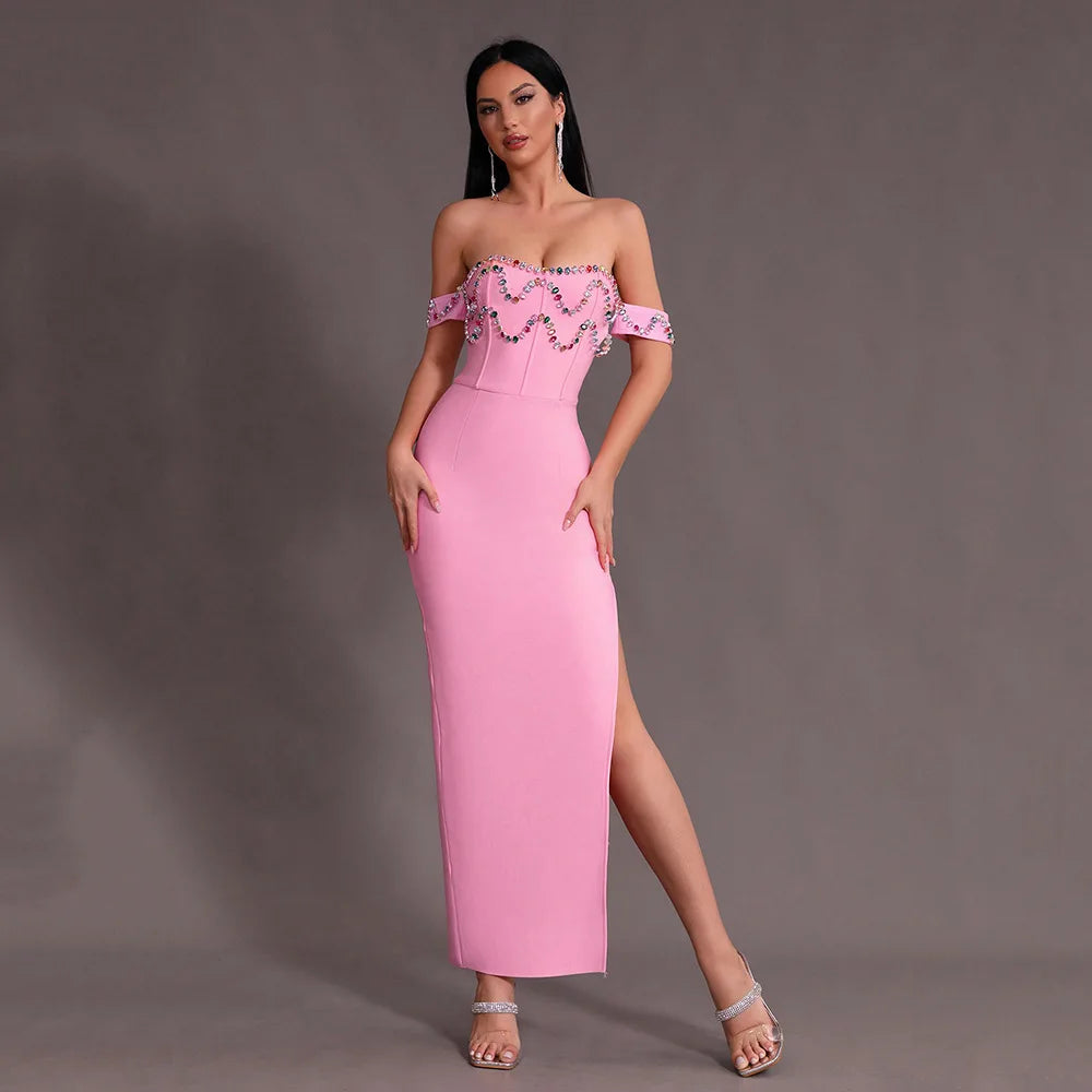 Split Off Shoulder Diamond Decor Bandage Ball Maxi Dress