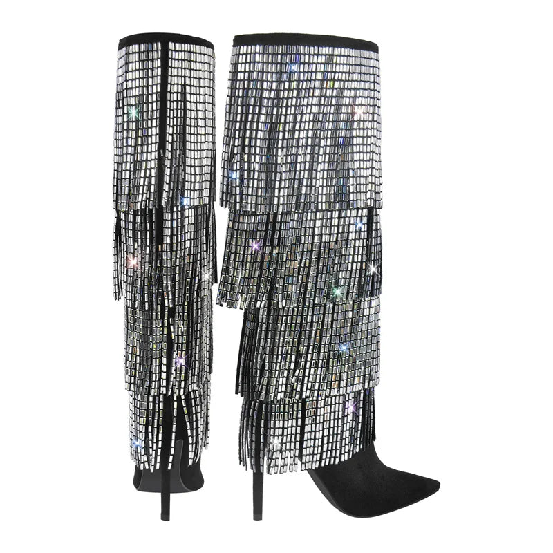 Pointed Toe Rhinestone Tassel Crystal Thin Heel Knee High Boots