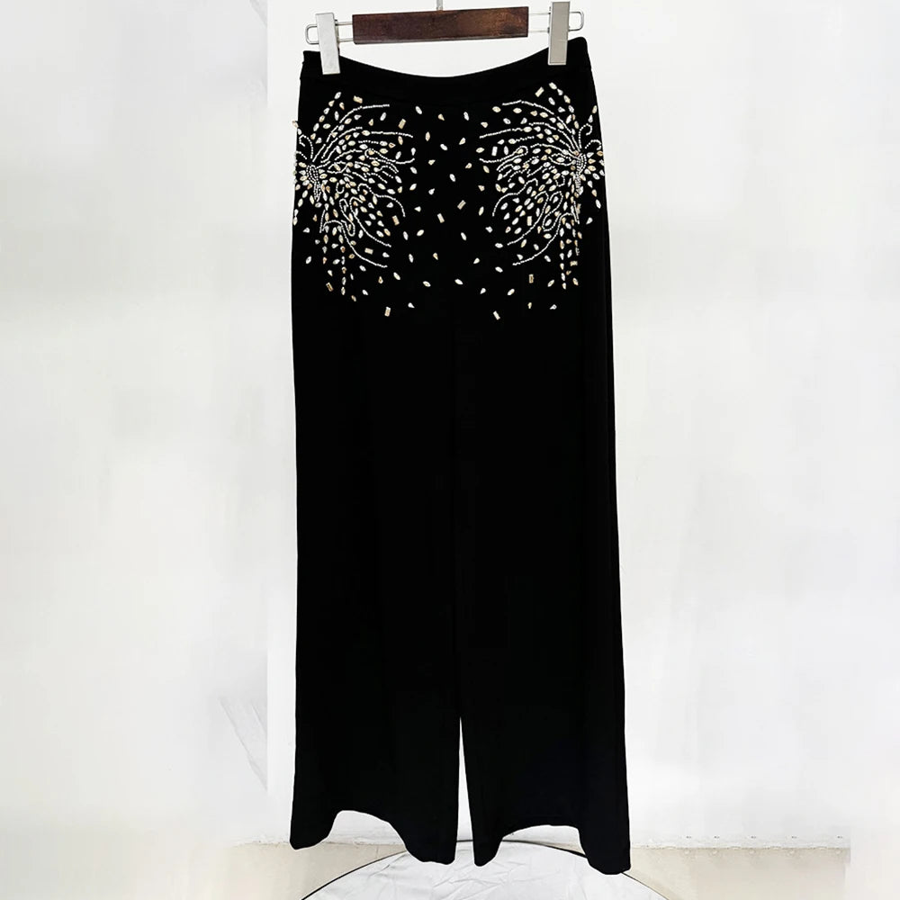 O Neck Long Sleeve Spliced Diamond Tops High Waist Wide Leg Loose Trouser Set