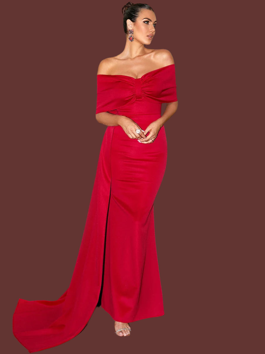 Off Shoulder Bowknot Off Shoulder Backless Draped  Prom Maxi Dress