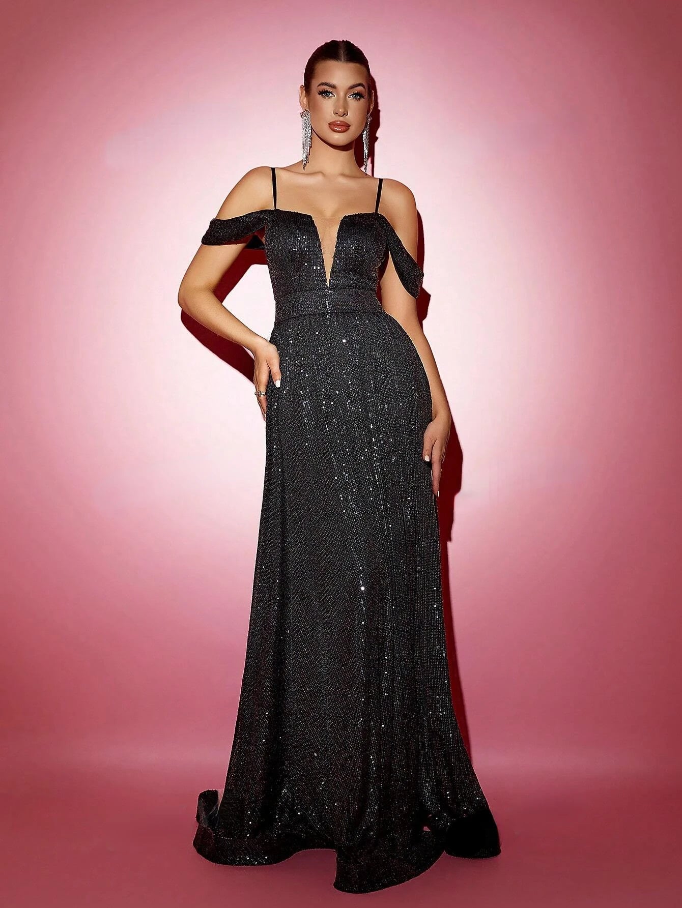 Slit Glitter Spaghetti Strap Cold Shoulder Sequins Evening Maxi Dress