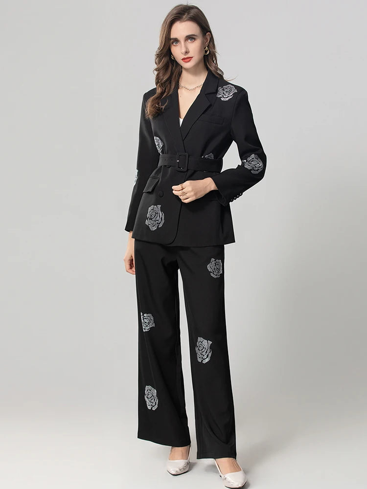 Crystal Floral Patchwork Double Breasted Blazer Strait Trouser Set