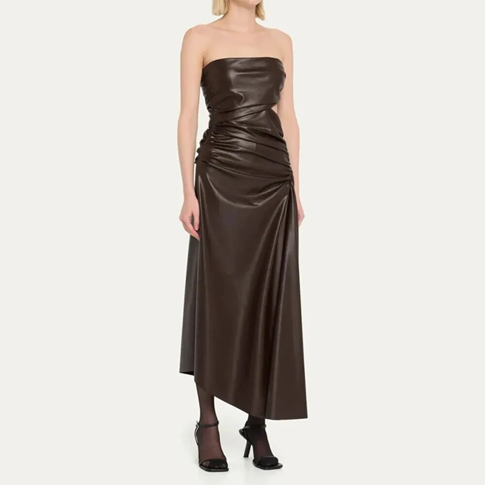 Pleated Hollow PU Leather Strapless Open Back Mid Dress