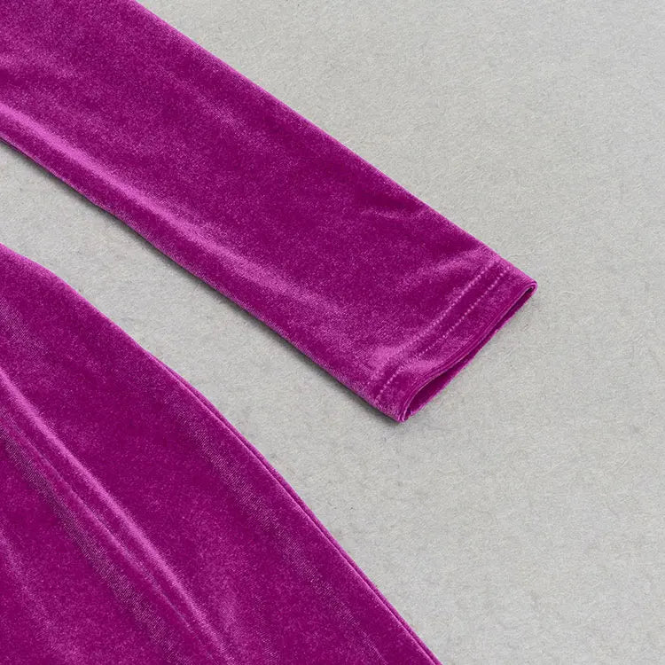 Velvet O-Neck Long Sleeve Ruffle Edge Design Maxi Dress