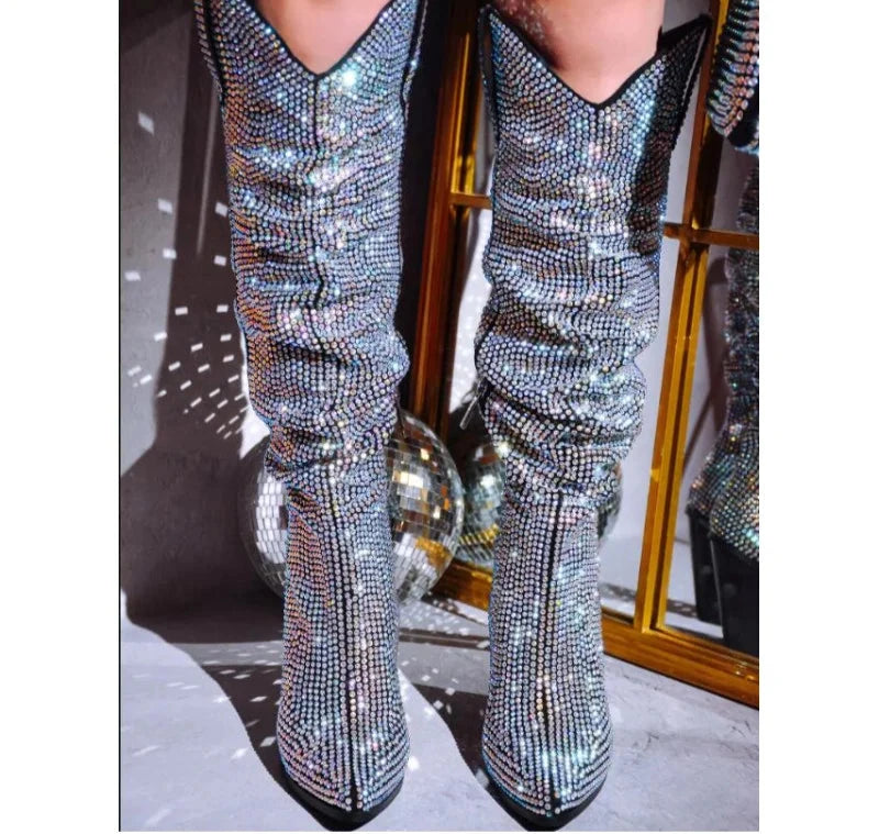 Crystal Diamond Bling Pleated Square High Heel Knee High Boots