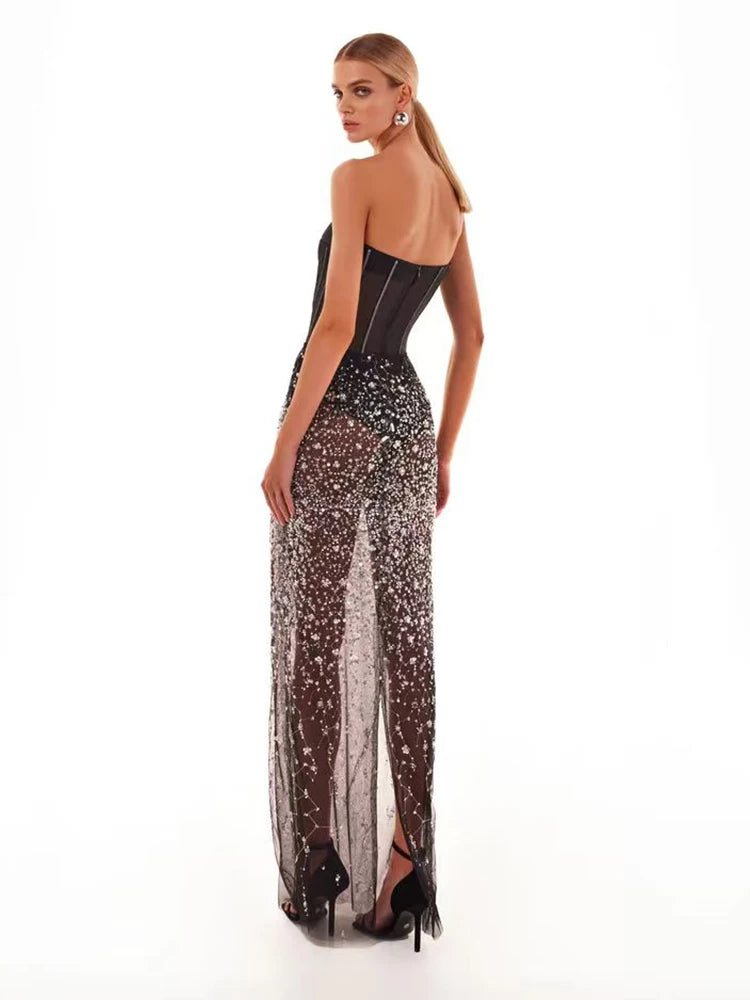 Strapless Sequins Bodysuit Shiny Beaded Mesh See Through Maxi Skirt Set