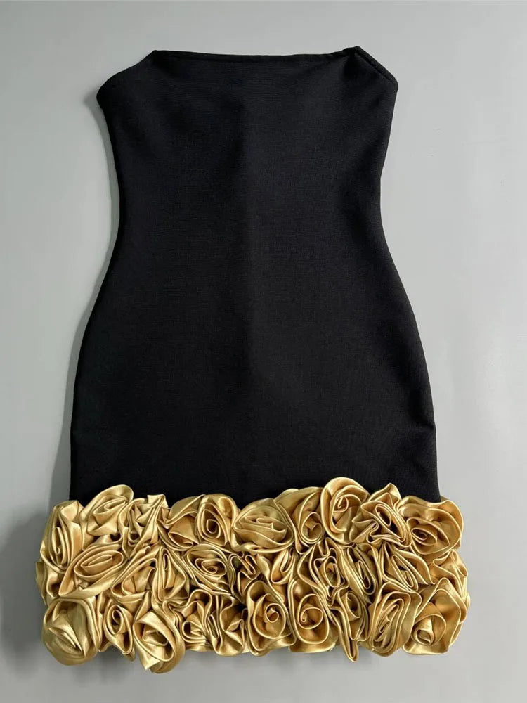 Strapless Gold 3D Flowers Sleeveless Backless Floral Bandage Mini Dress