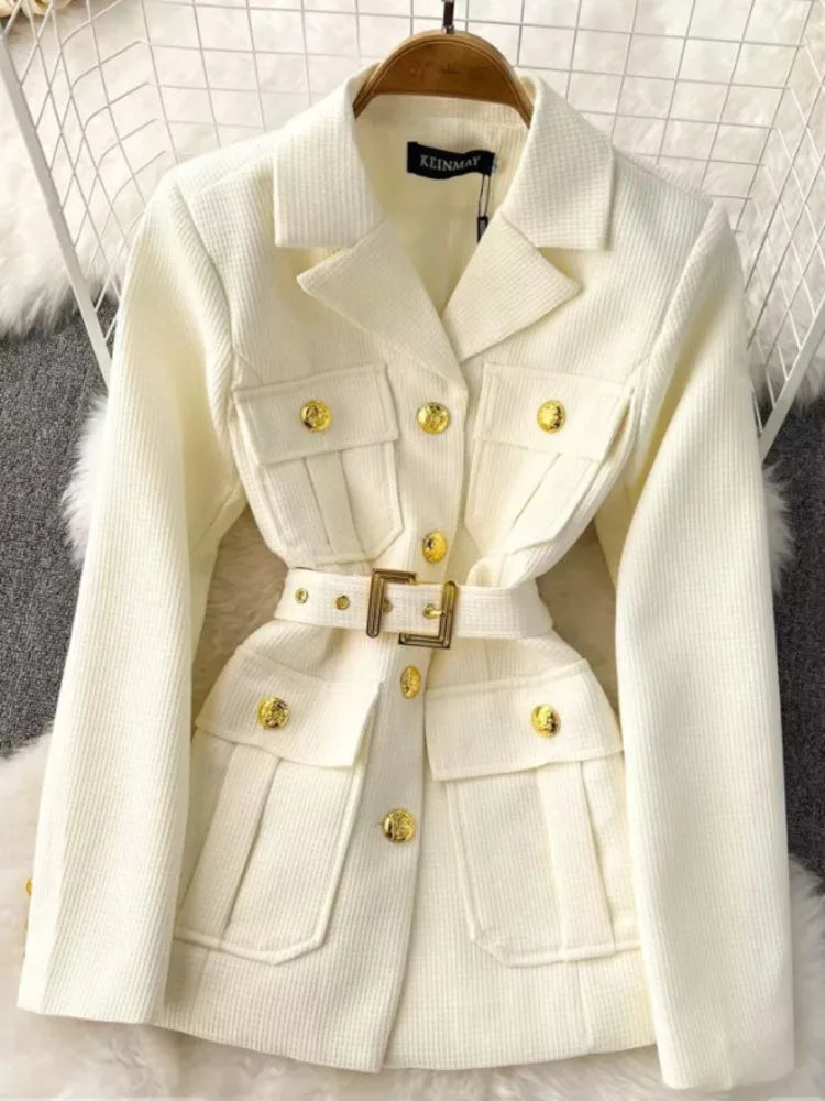 Chickened Vintage Golden Buttons Pocket  Collar Belted Blazers