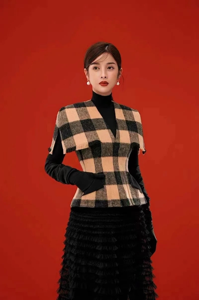 V Neck Pullover Plaid Woollen High Collar Bottom Tops Mesh Tassel Mid Skirt Sets