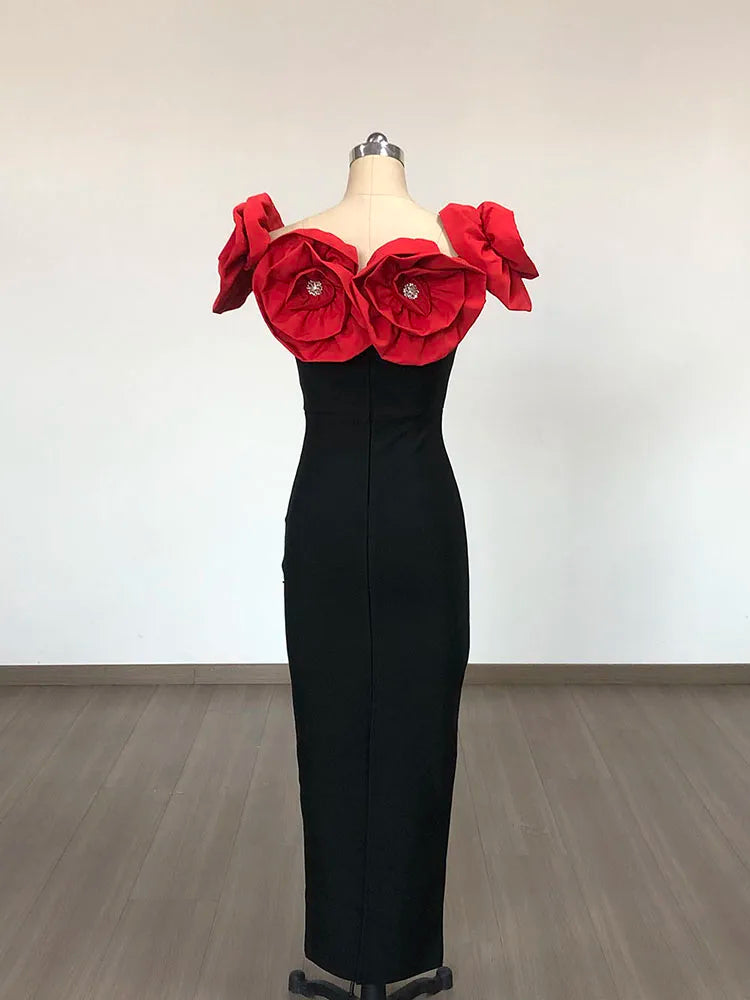 Off Shoulder 3D Big Flower Diamonds Patchwork Strapless Bandage Maxi Dress