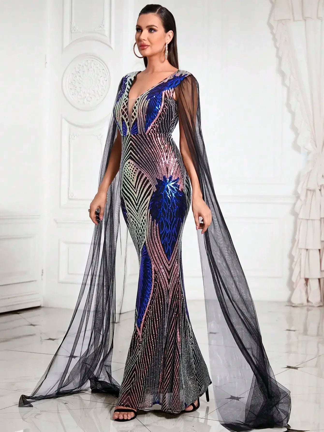 Deep V Neck Contrast Mesh Cloak Sleeve Sequin Formal Maxi Dress