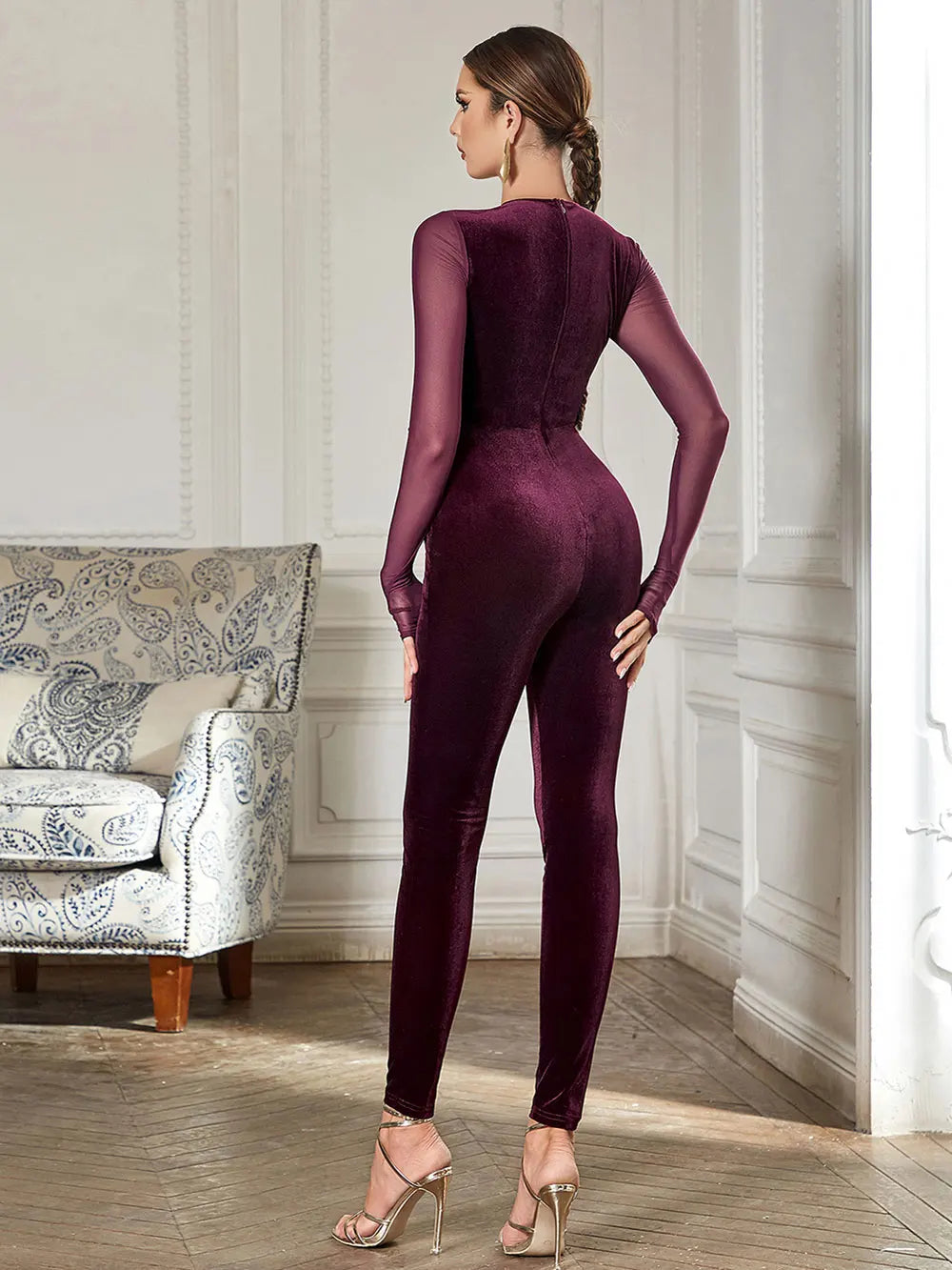 O-Neck Long Sleeve Tight Pencil Velvet Jumpsuit