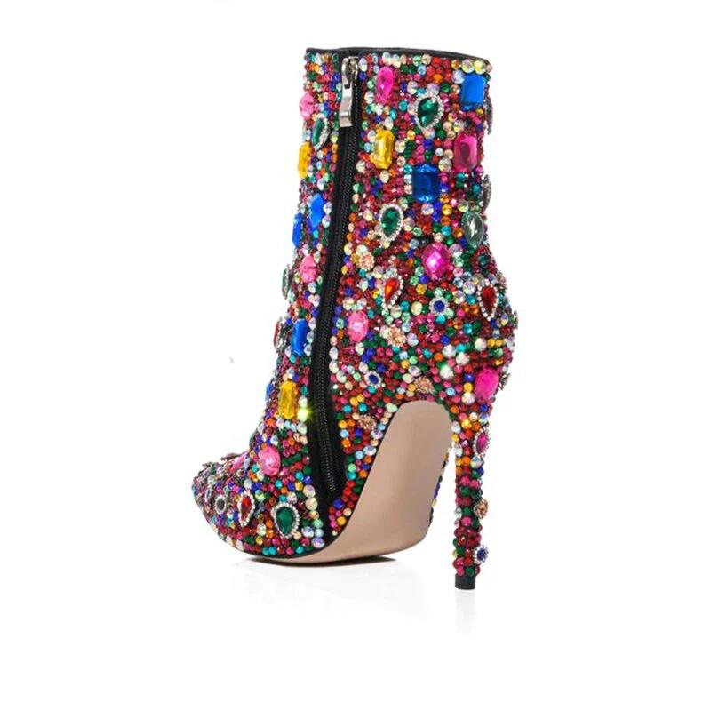 Pointed Toe Rhinestone Crystal Thin Heel Ankle Boots