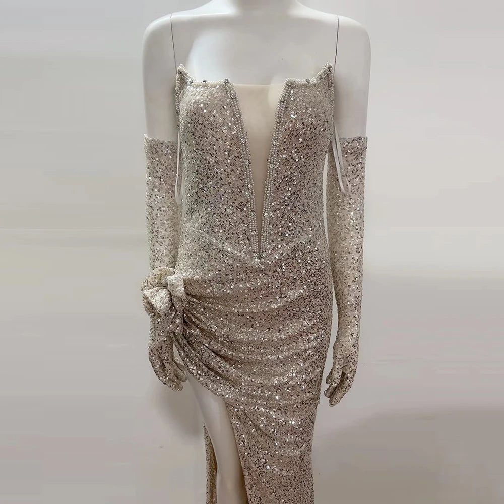 Diamond Sequins Strapless V-Neck Drop Pleated High Split Dress