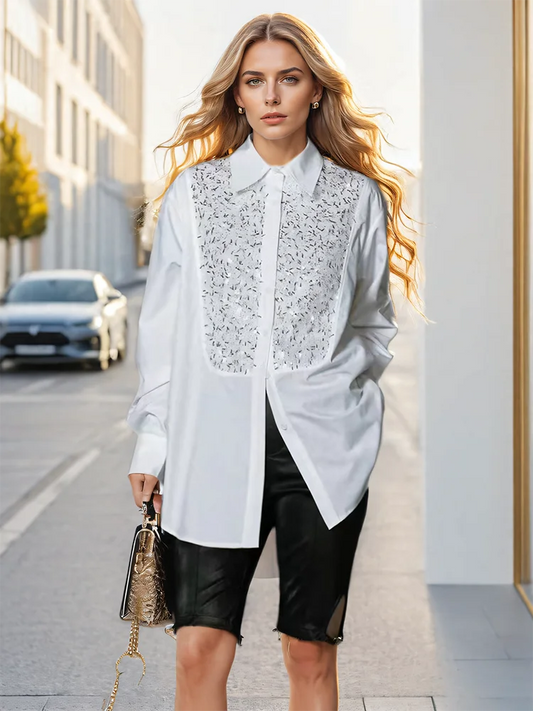 Lapel Sequin Irregular Decorate Single Breasted Loose Blouse Shirt