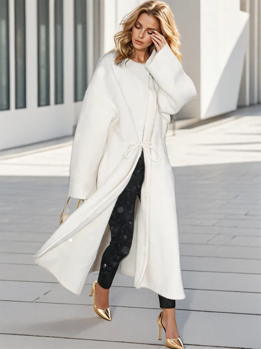 O Neck Loose Drawstring Waist Long Sleeve Maxi Woollen Overcoat