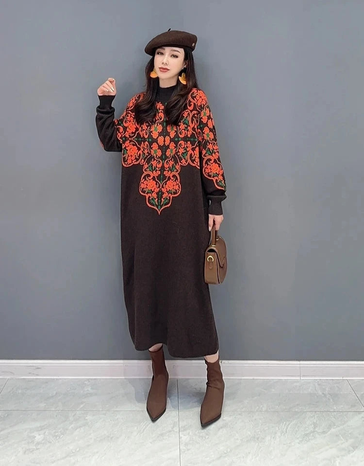 Printed O-neck Long Sleeve A Line Maxi Pullover Dress