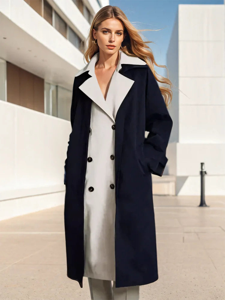 Lapel Loose Contrast Colour Patchwork Sashes Long Sleeve Trench Coat